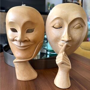 Artisan Wooden Face Mask Sculptures - Tan
